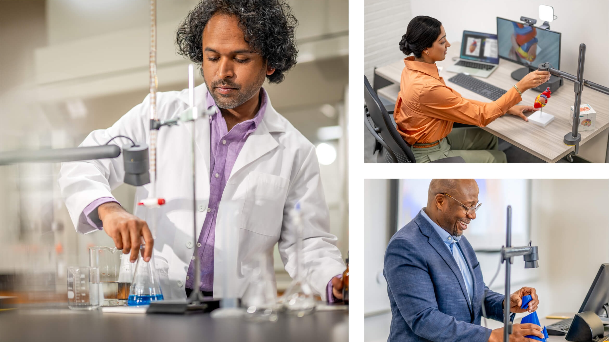 A collage of images including a man in a white lab coat stirring blue liquid in a beaker, and woman in an orange button up taking images of a model heart, a man in a blue suit building a 3D cone.